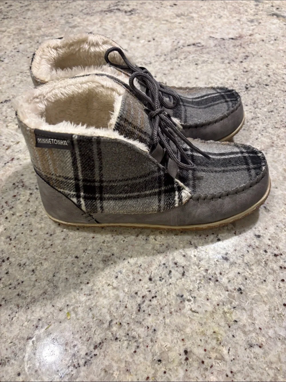 Minnetonka Plaid Faux-Fur Lined Ankle Moccasins in Gray and Tan